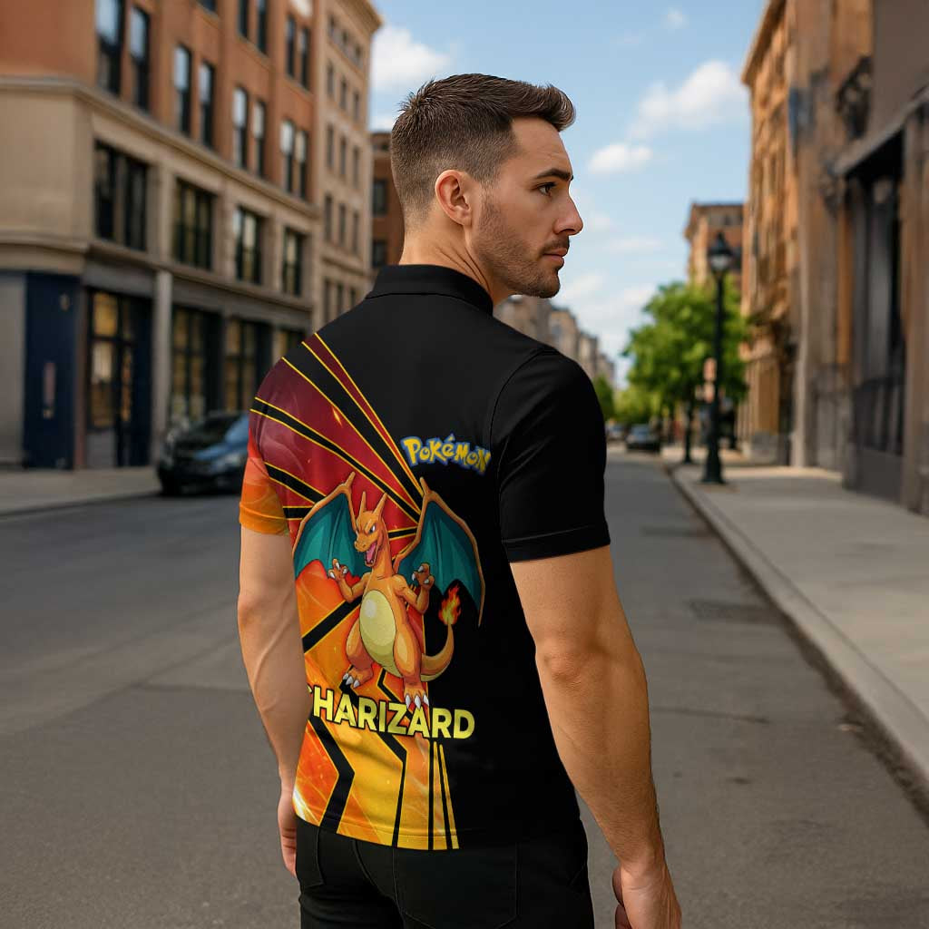 Charizard Poké Zipper Polo Shirt Retro Comic Style Explosion