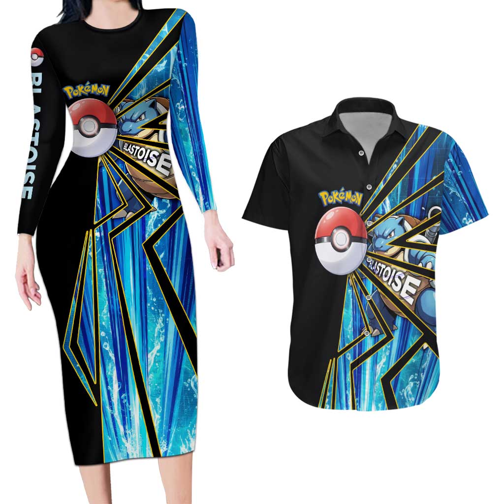 Blastoise Poké Couples Matching Long Sleeve Bodycon Dress and Hawaiian Shirt Aqua Burst Comic Style
