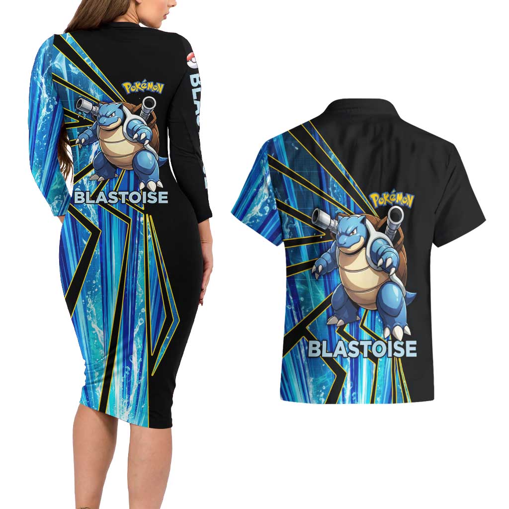 Blastoise Poké Couples Matching Long Sleeve Bodycon Dress and Hawaiian Shirt Aqua Burst Comic Style