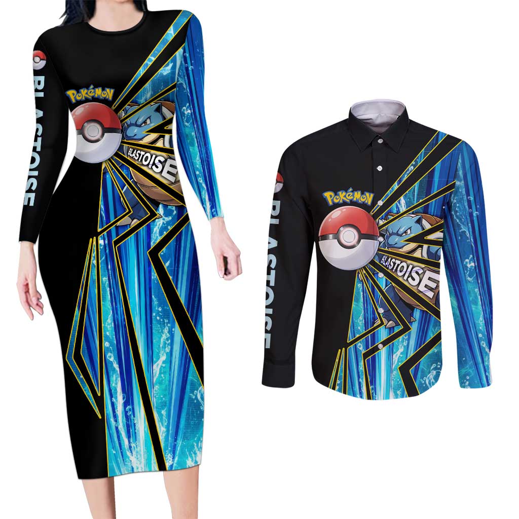 Blastoise Poké Couples Matching Long Sleeve Bodycon Dress and Long Sleeve Button Shirt Aqua Burst Comic Style