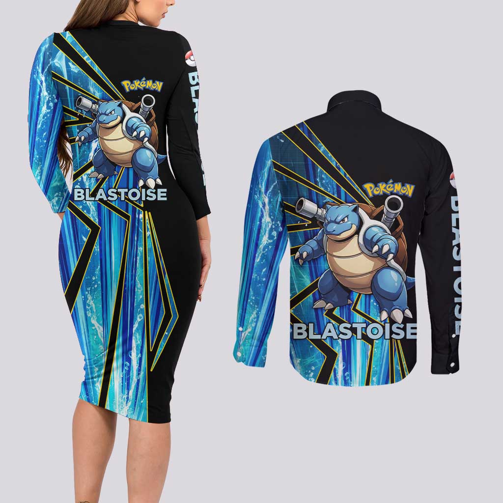 Blastoise Poké Couples Matching Long Sleeve Bodycon Dress and Long Sleeve Button Shirt Aqua Burst Comic Style