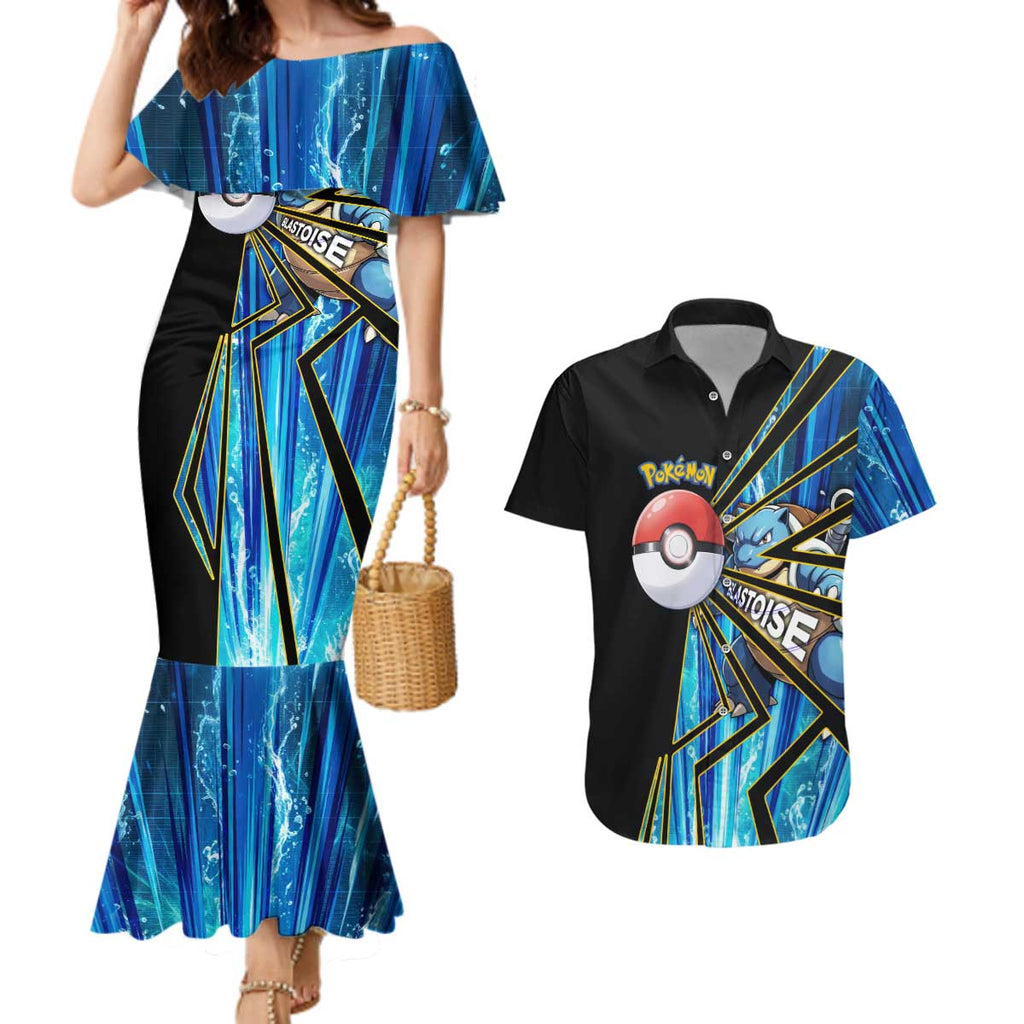 Blastoise Poké Couples Matching Mermaid Dress and Hawaiian Shirt Aqua Burst Comic Style