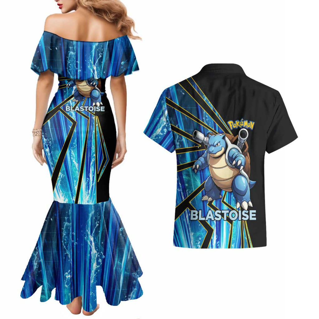 Blastoise Poké Couples Matching Mermaid Dress and Hawaiian Shirt Aqua Burst Comic Style