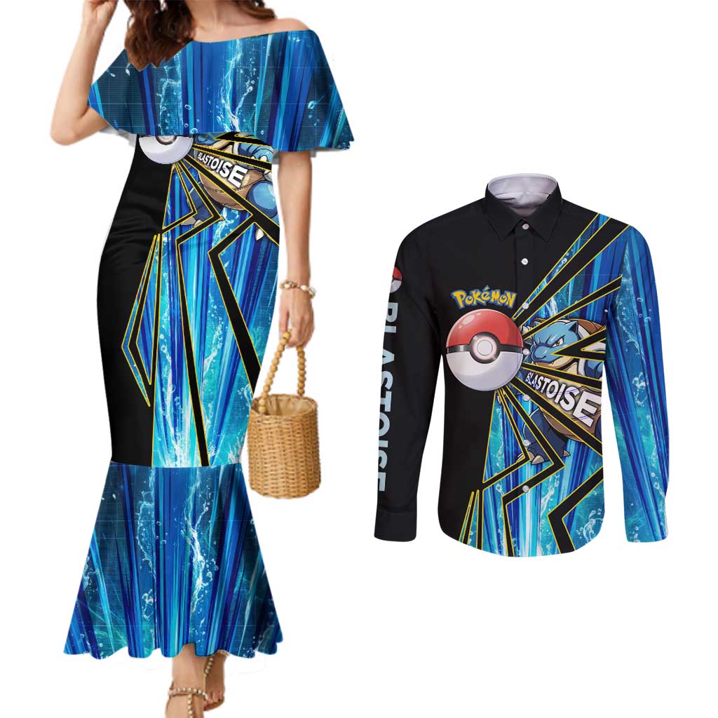 Blastoise Poké Couples Matching Mermaid Dress and Long Sleeve Button Shirt Aqua Burst Comic Style
