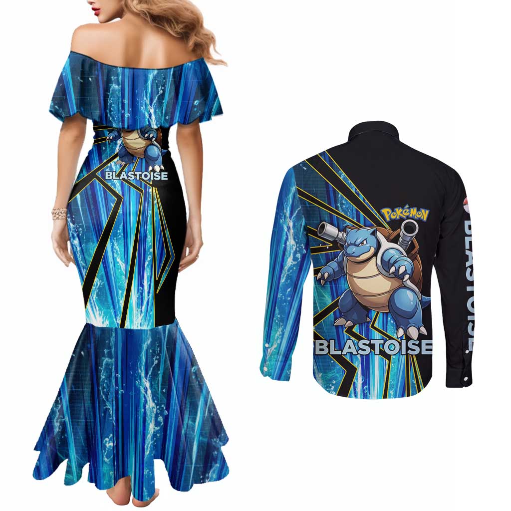 Blastoise Poké Couples Matching Mermaid Dress and Long Sleeve Button Shirt Aqua Burst Comic Style