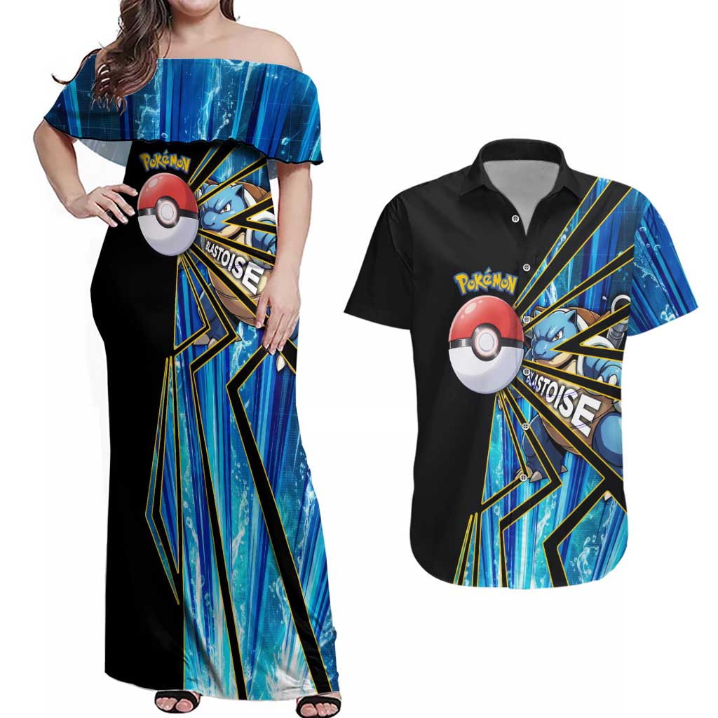 Blastoise Poké Couples Matching Off Shoulder Maxi Dress and Hawaiian Shirt Aqua Burst Comic Style