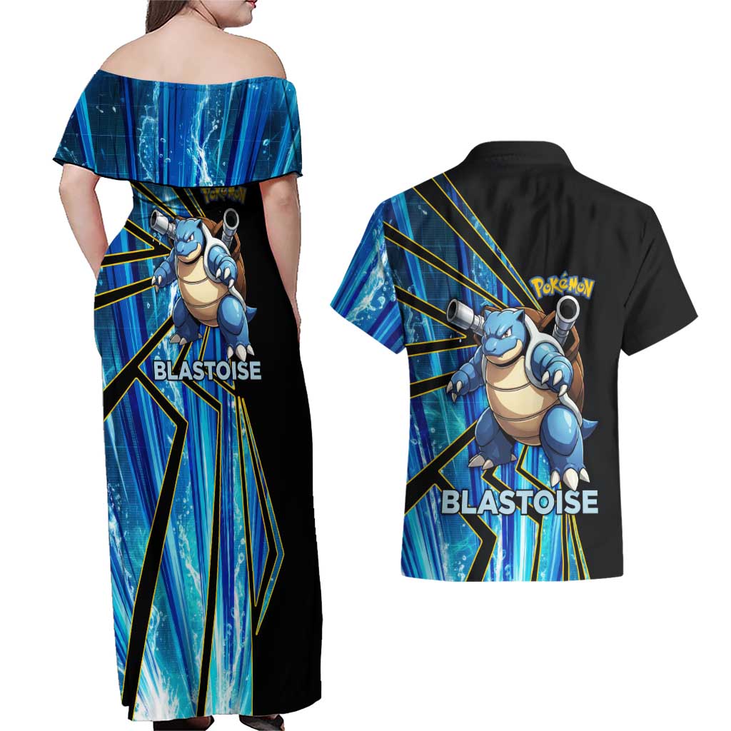 Blastoise Poké Couples Matching Off Shoulder Maxi Dress and Hawaiian Shirt Aqua Burst Comic Style