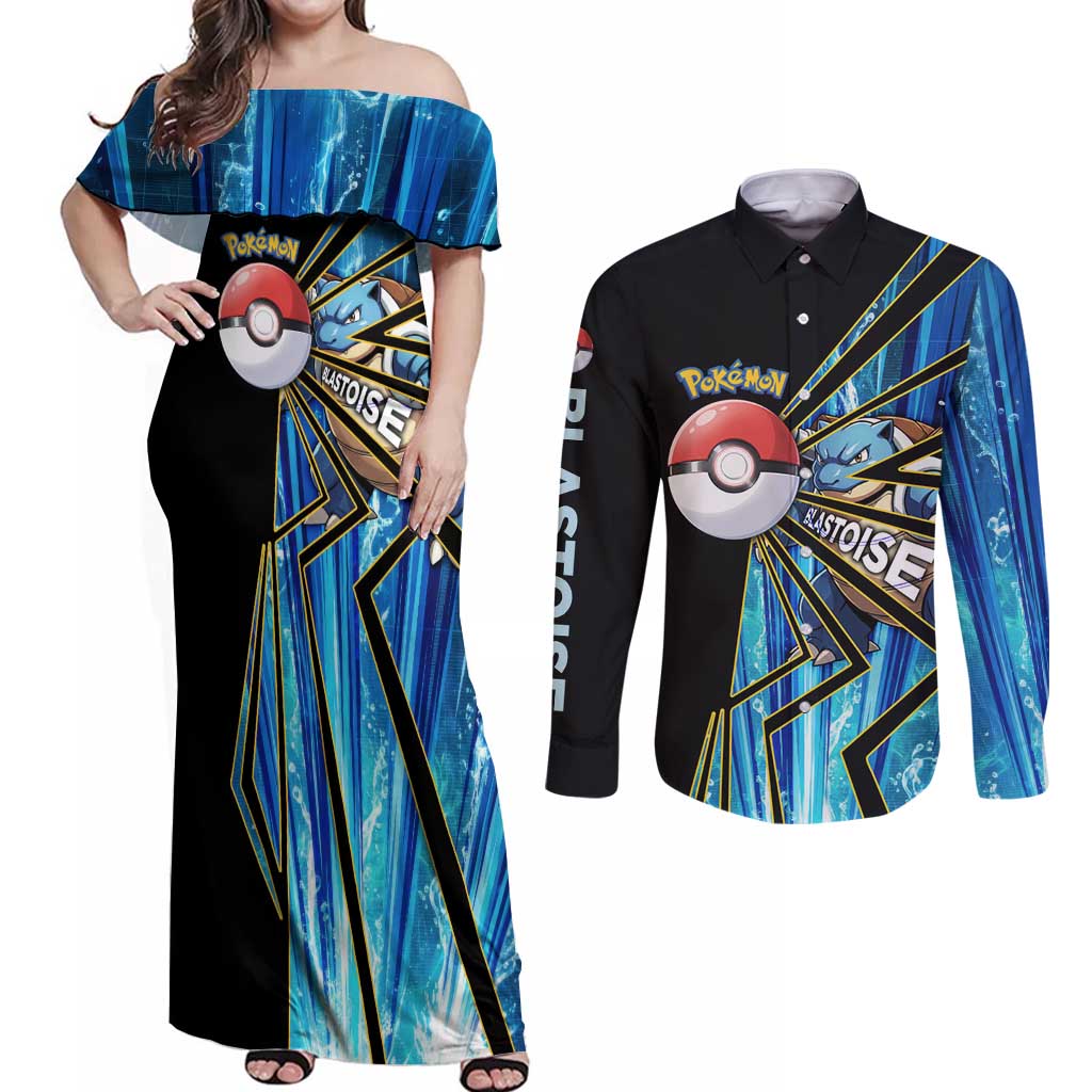 Blastoise Poké Couples Matching Off Shoulder Maxi Dress and Long Sleeve Button Shirt Aqua Burst Comic Style