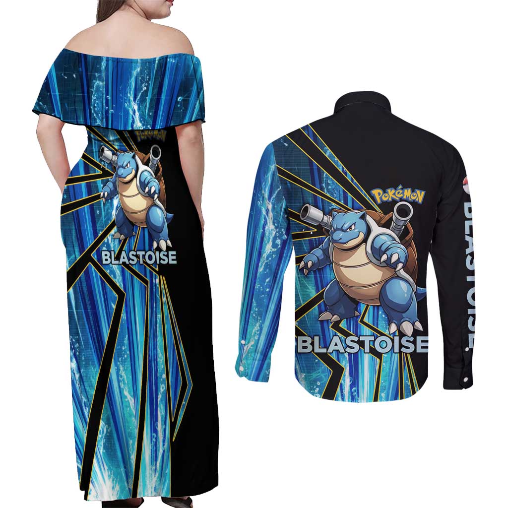 Blastoise Poké Couples Matching Off Shoulder Maxi Dress and Long Sleeve Button Shirt Aqua Burst Comic Style