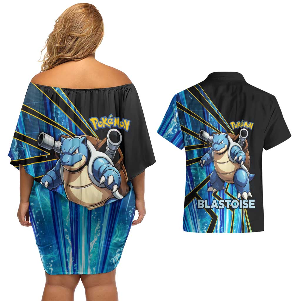 Blastoise Poké Couples Matching Off Shoulder Short Dress and Hawaiian Shirt Aqua Burst Comic Style