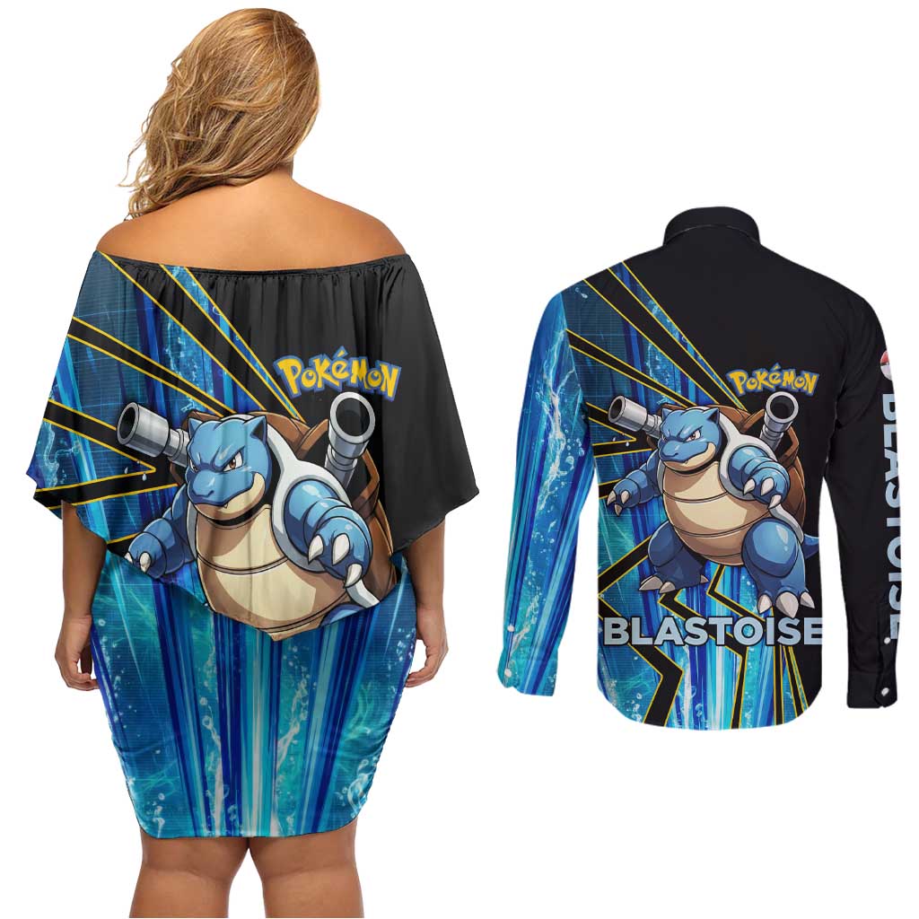 Blastoise Poké Couples Matching Off Shoulder Short Dress and Long Sleeve Button Shirt Aqua Burst Comic Style