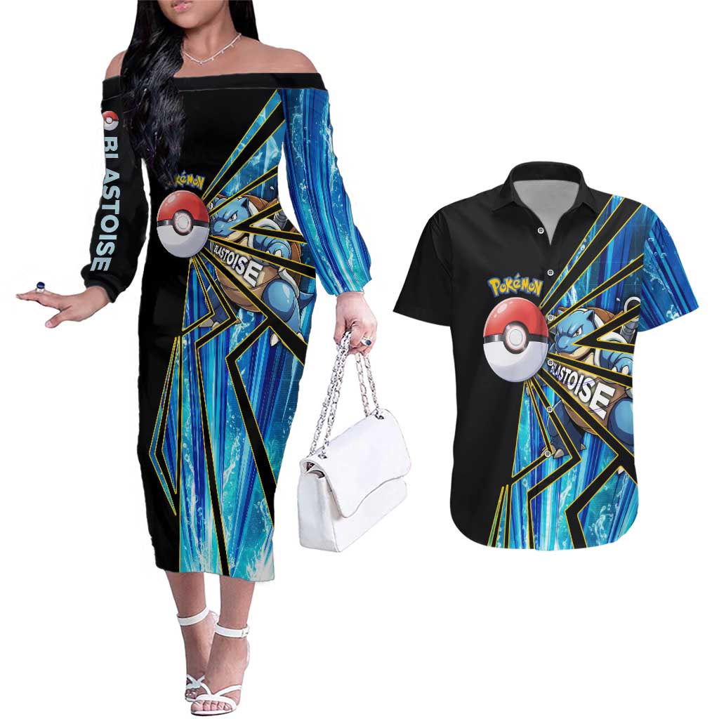Blastoise Poké Couples Matching Off The Shoulder Long Sleeve Dress and Hawaiian Shirt Aqua Burst Comic Style