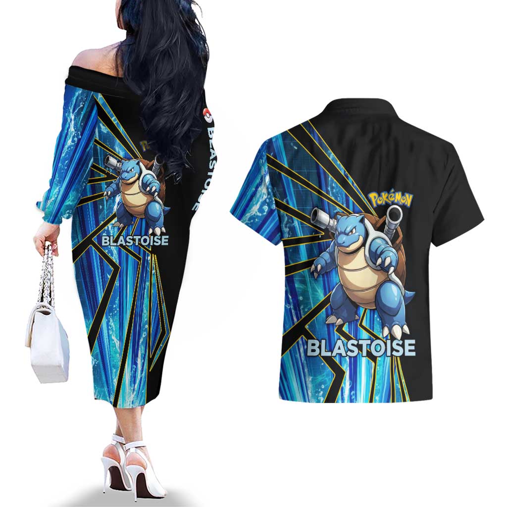Blastoise Poké Couples Matching Off The Shoulder Long Sleeve Dress and Hawaiian Shirt Aqua Burst Comic Style