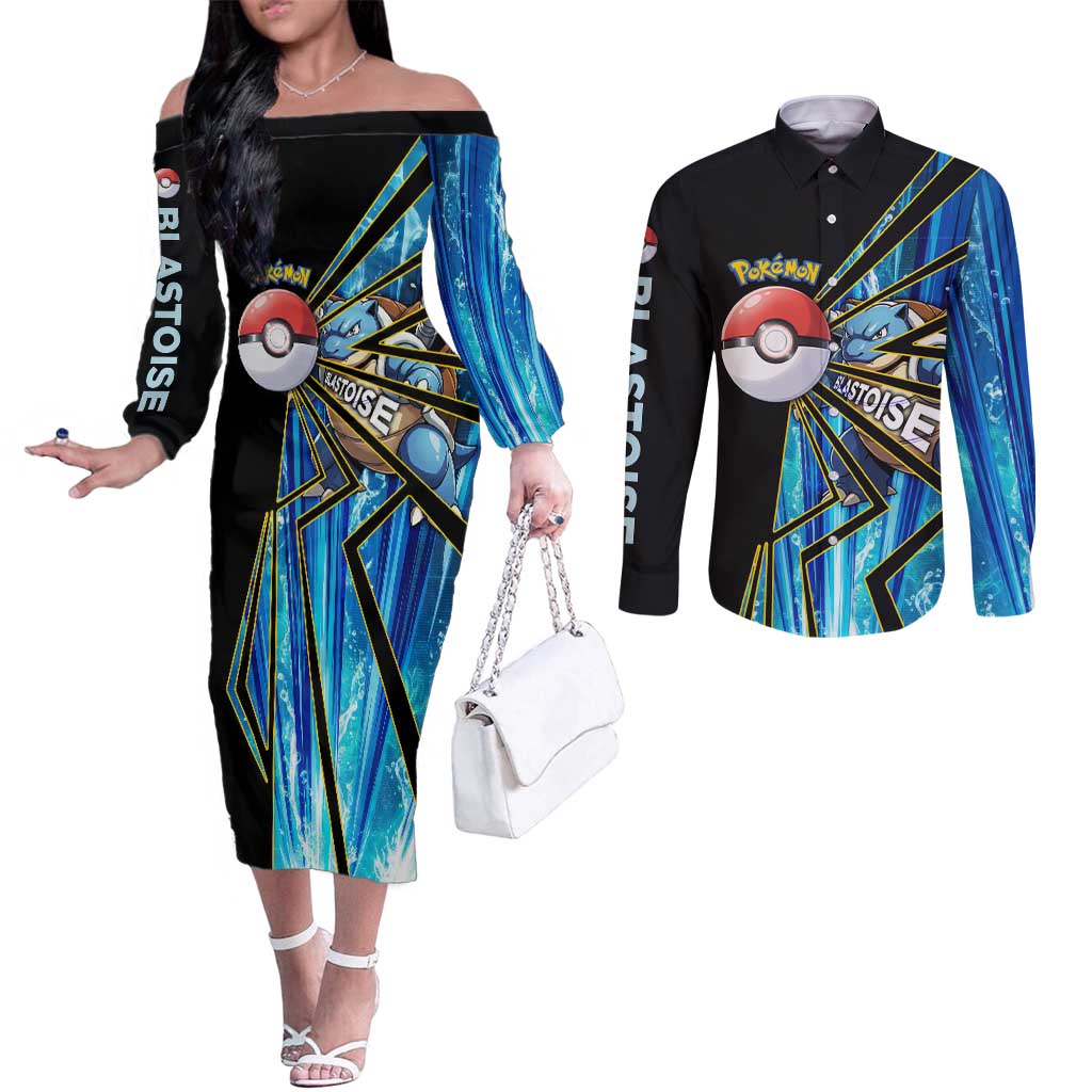 Blastoise Poké Couples Matching Off The Shoulder Long Sleeve Dress and Long Sleeve Button Shirt Aqua Burst Comic Style