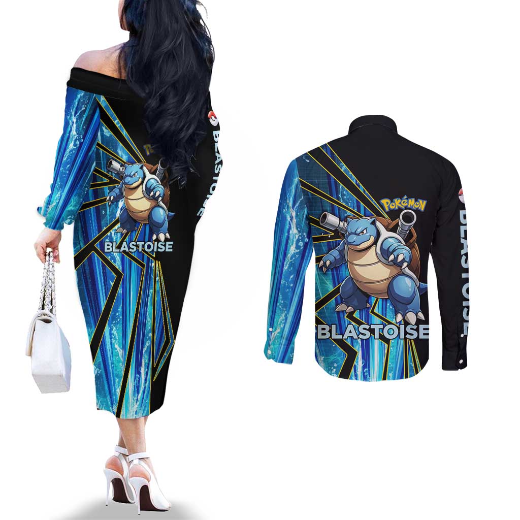 Blastoise Poké Couples Matching Off The Shoulder Long Sleeve Dress and Long Sleeve Button Shirt Aqua Burst Comic Style