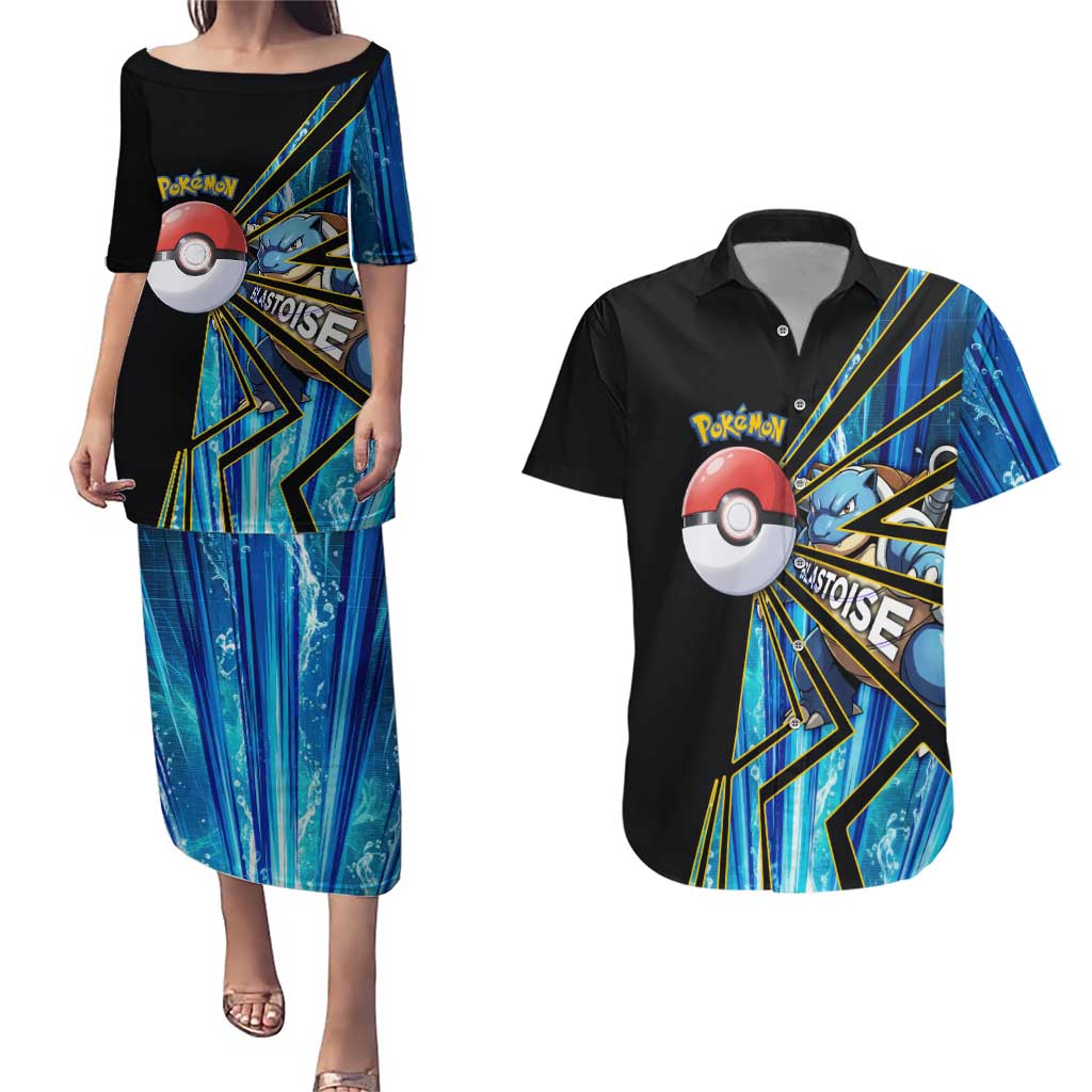 Blastoise Poké Couples Matching Puletasi and Hawaiian Shirt Aqua Burst Comic Style
