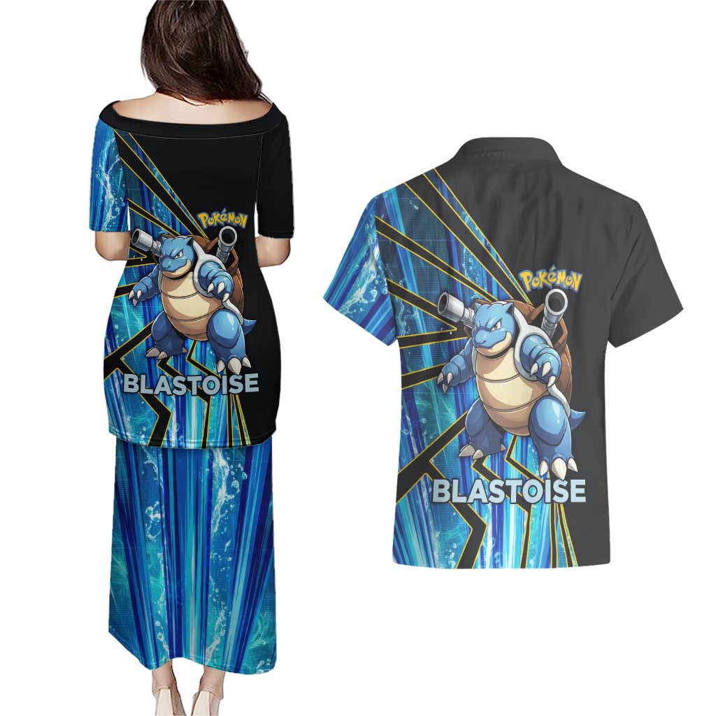 Blastoise Poké Couples Matching Puletasi and Hawaiian Shirt Aqua Burst Comic Style