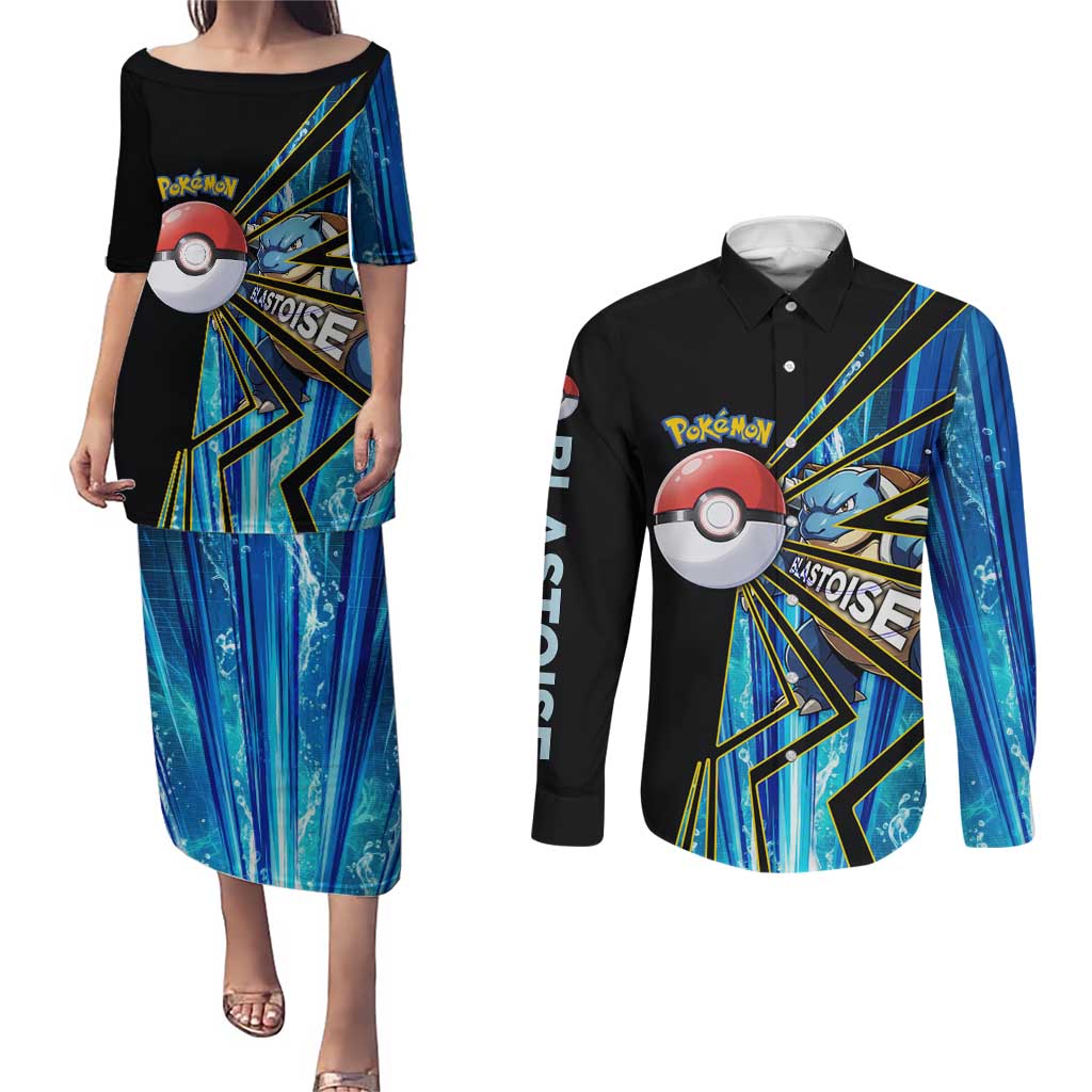 Blastoise Poké Couples Matching Puletasi and Long Sleeve Button Shirt Aqua Burst Comic Style