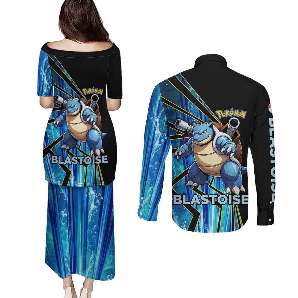 Blastoise Poké Couples Matching Puletasi and Long Sleeve Button Shirt Aqua Burst Comic Style