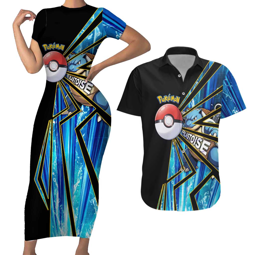 Blastoise Poké Couples Matching Short Sleeve Bodycon Dress and Hawaiian Shirt Aqua Burst Comic Style