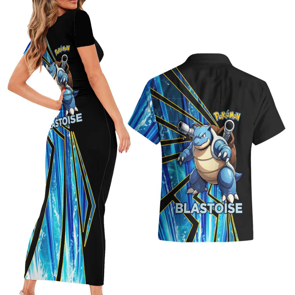 Blastoise Poké Couples Matching Short Sleeve Bodycon Dress and Hawaiian Shirt Aqua Burst Comic Style
