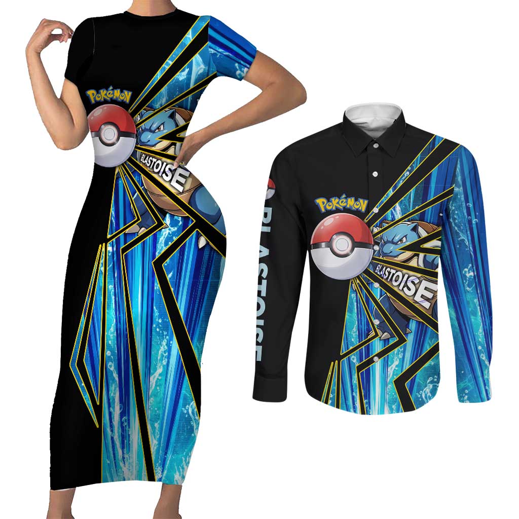 Blastoise Poké Couples Matching Short Sleeve Bodycon Dress and Long Sleeve Button Shirt Aqua Burst Comic Style