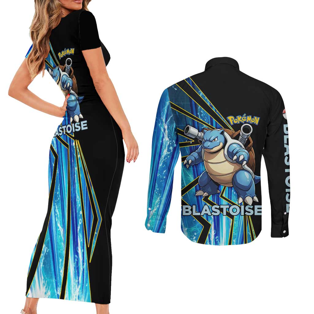 Blastoise Poké Couples Matching Short Sleeve Bodycon Dress and Long Sleeve Button Shirt Aqua Burst Comic Style