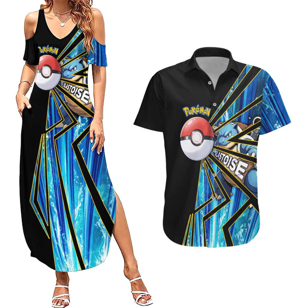 Blastoise Poké Couples Matching Summer Maxi Dress and Hawaiian Shirt Aqua Burst Comic Style