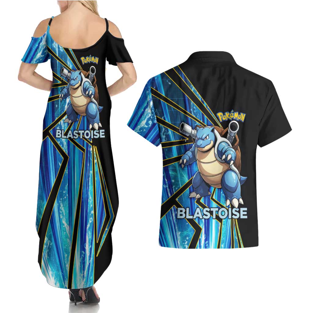 Blastoise Poké Couples Matching Summer Maxi Dress and Hawaiian Shirt Aqua Burst Comic Style