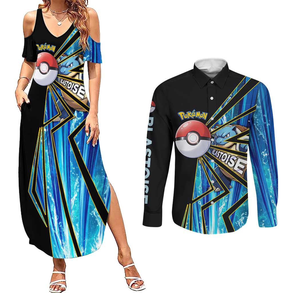 Blastoise Poké Couples Matching Summer Maxi Dress and Long Sleeve Button Shirt Aqua Burst Comic Style