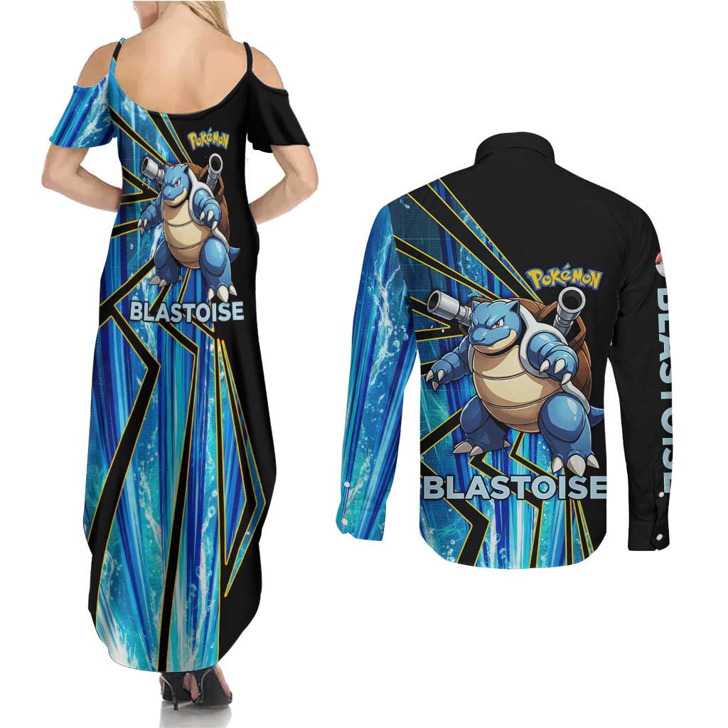 Blastoise Poké Couples Matching Summer Maxi Dress and Long Sleeve Button Shirt Aqua Burst Comic Style