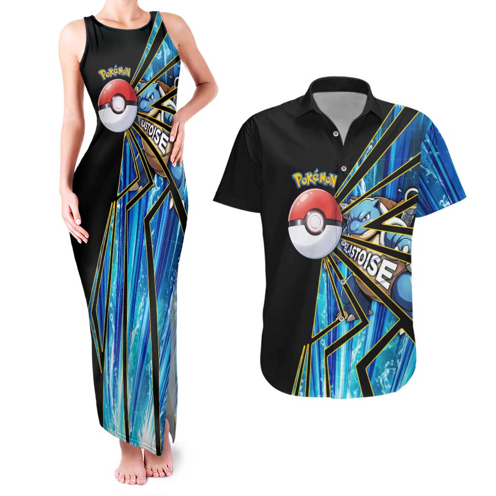 Blastoise Poké Couples Matching Tank Maxi Dress and Hawaiian Shirt Aqua Burst Comic Style