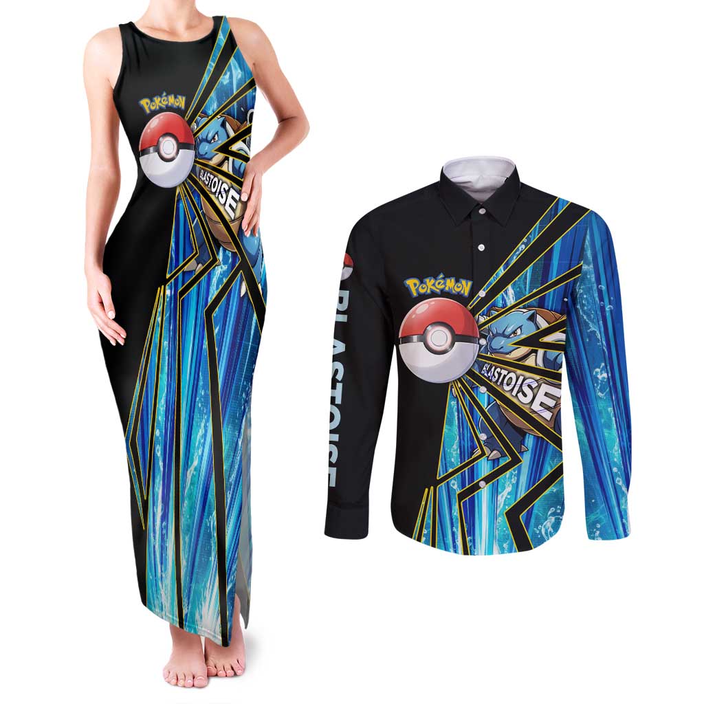 Blastoise Poké Couples Matching Tank Maxi Dress and Long Sleeve Button Shirt Aqua Burst Comic Style