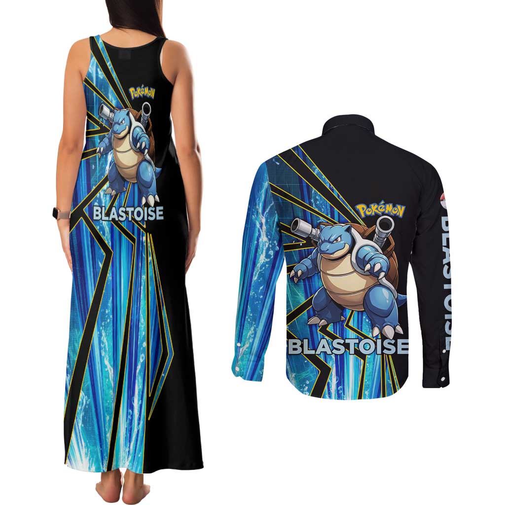 Blastoise Poké Couples Matching Tank Maxi Dress and Long Sleeve Button Shirt Aqua Burst Comic Style