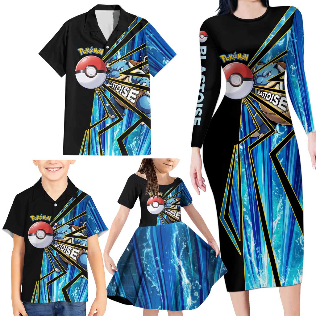 Blastoise Poké Family Matching Long Sleeve Bodycon Dress and Hawaiian Shirt Aqua Burst Comic Style