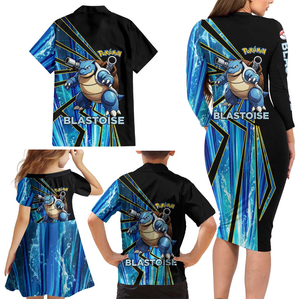 Blastoise Poké Family Matching Long Sleeve Bodycon Dress and Hawaiian Shirt Aqua Burst Comic Style