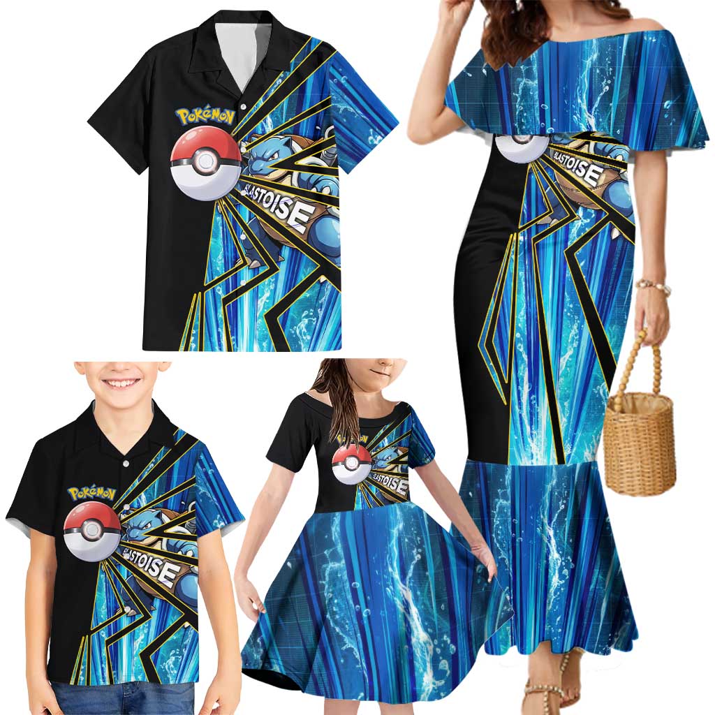 Blastoise Poké Family Matching Mermaid Dress and Hawaiian Shirt Aqua Burst Comic Style