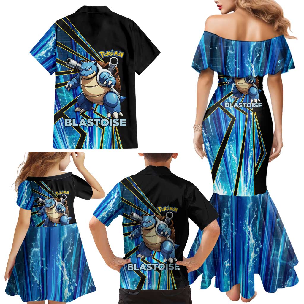 Blastoise Poké Family Matching Mermaid Dress and Hawaiian Shirt Aqua Burst Comic Style
