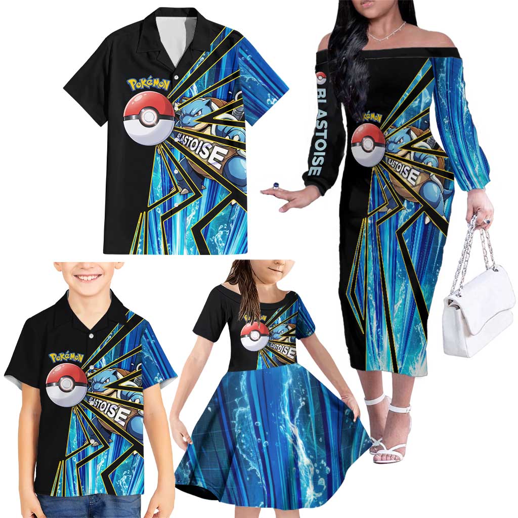 Blastoise Poké Family Matching Off The Shoulder Long Sleeve Dress and Hawaiian Shirt Aqua Burst Comic Style