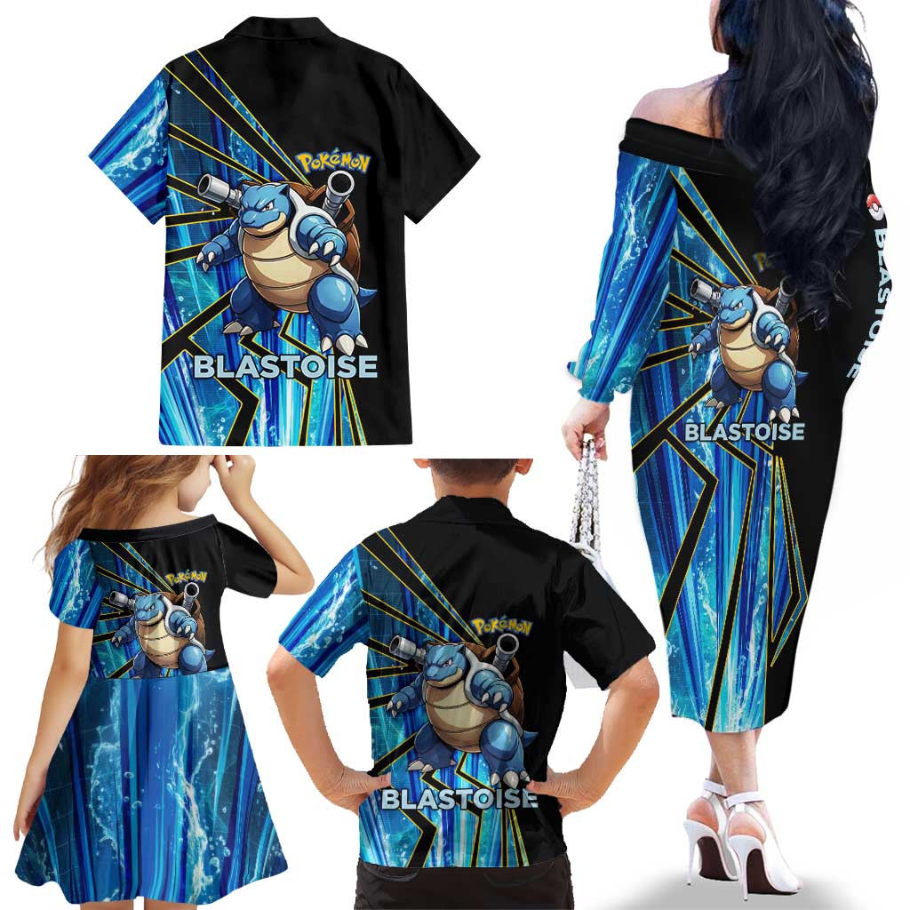Blastoise Poké Family Matching Off The Shoulder Long Sleeve Dress and Hawaiian Shirt Aqua Burst Comic Style