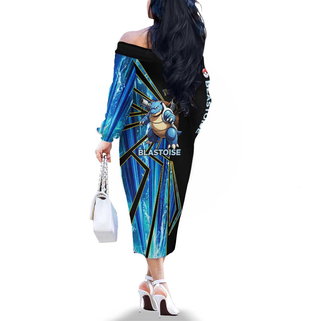 Blastoise Poké Family Matching Off The Shoulder Long Sleeve Dress and Hawaiian Shirt Aqua Burst Comic Style
