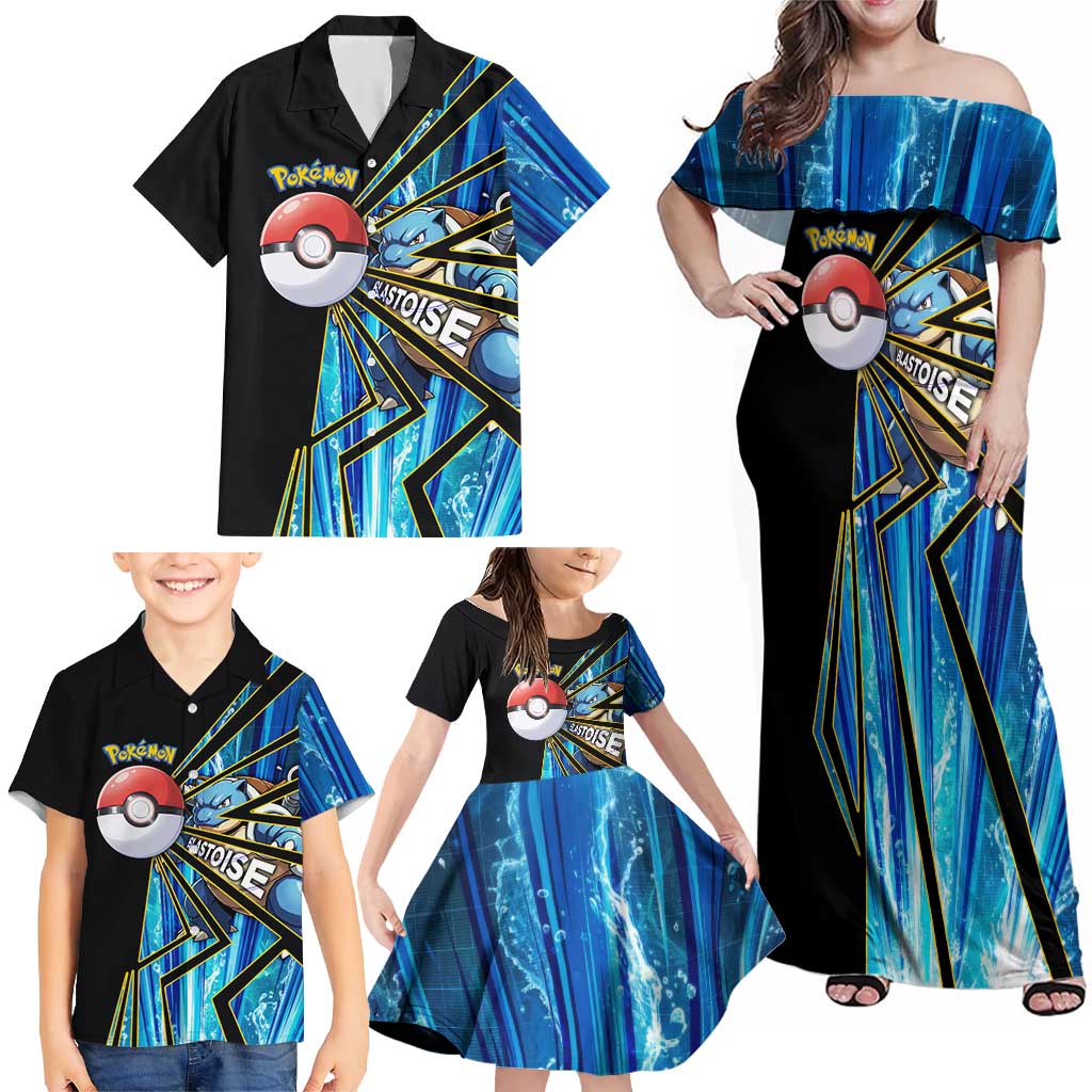 Blastoise Poké Family Matching Off Shoulder Maxi Dress and Hawaiian Shirt Aqua Burst Comic Style