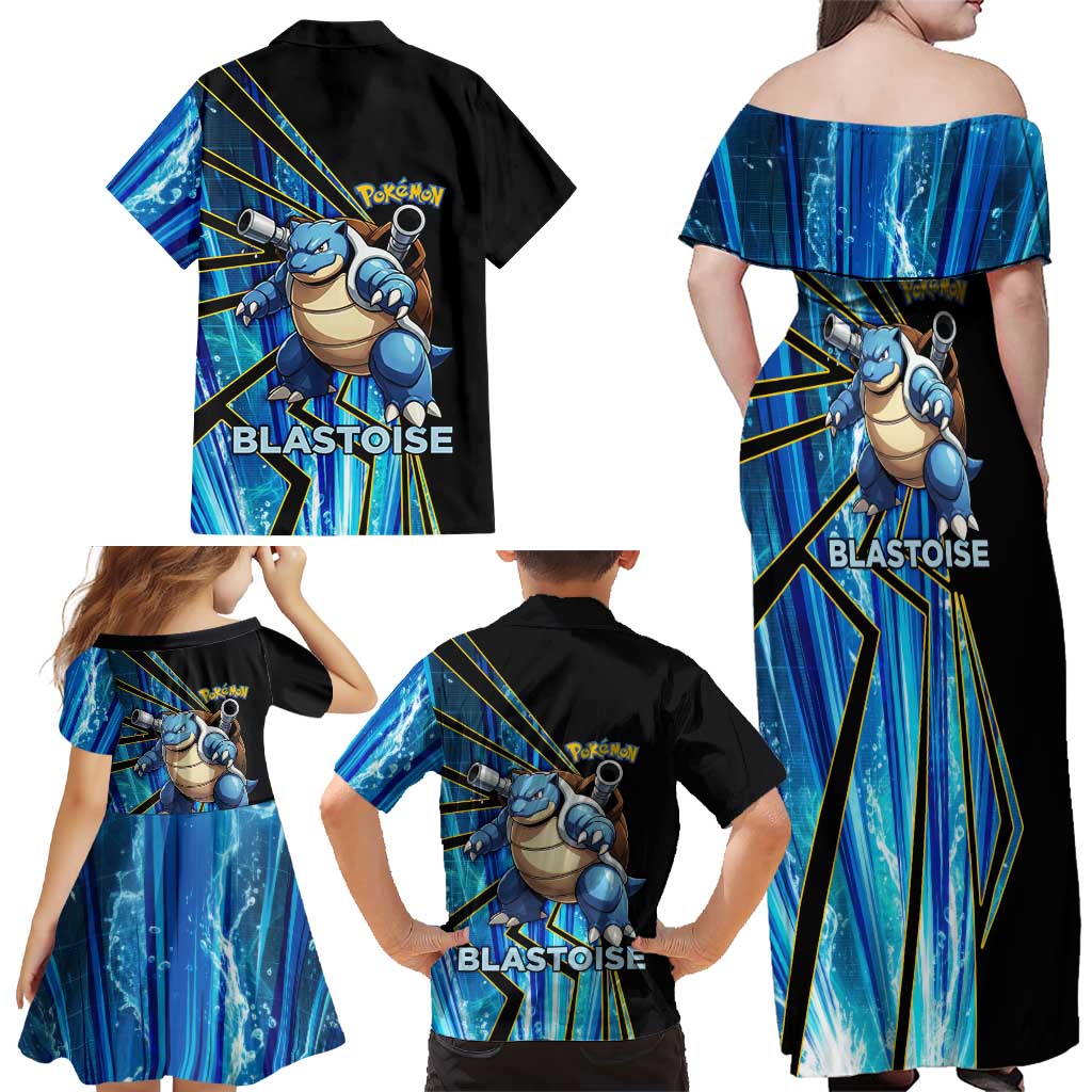Blastoise Poké Family Matching Off Shoulder Maxi Dress and Hawaiian Shirt Aqua Burst Comic Style