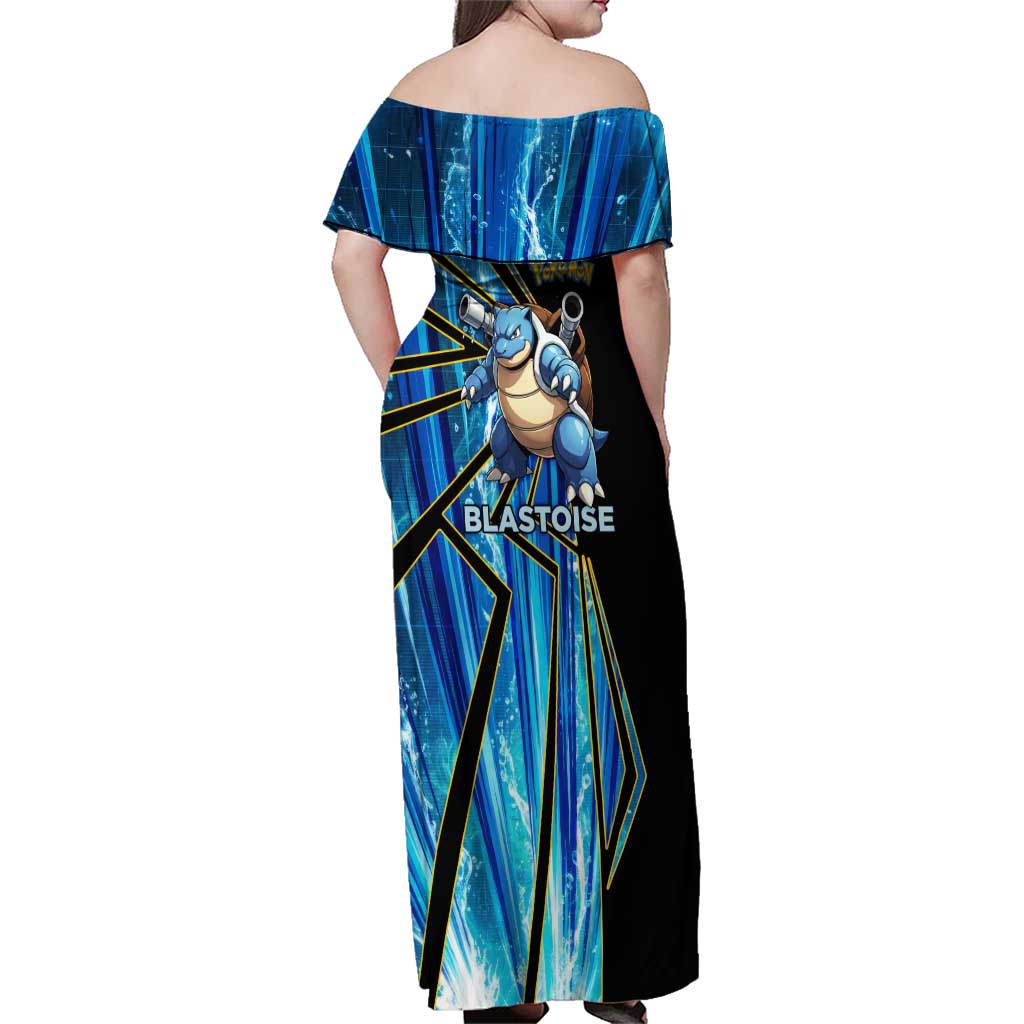 Blastoise Poké Family Matching Off Shoulder Maxi Dress and Hawaiian Shirt Aqua Burst Comic Style