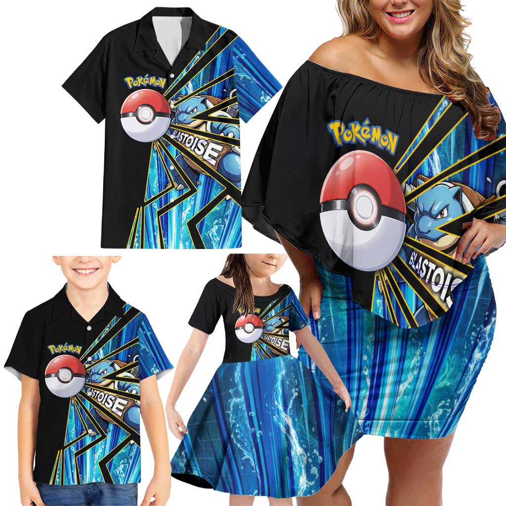 Blastoise Poké Family Matching Off Shoulder Short Dress and Hawaiian Shirt Aqua Burst Comic Style
