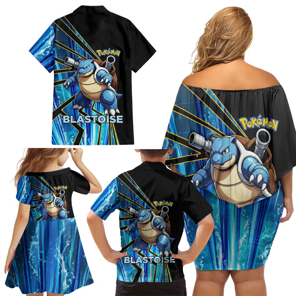 Blastoise Poké Family Matching Off Shoulder Short Dress and Hawaiian Shirt Aqua Burst Comic Style