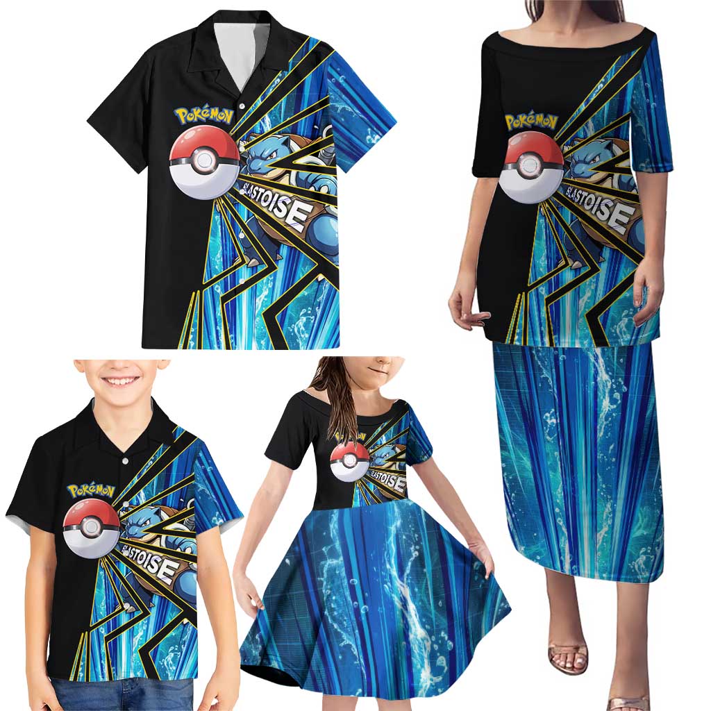 Blastoise Poké Family Matching Puletasi and Hawaiian Shirt Aqua Burst Comic Style