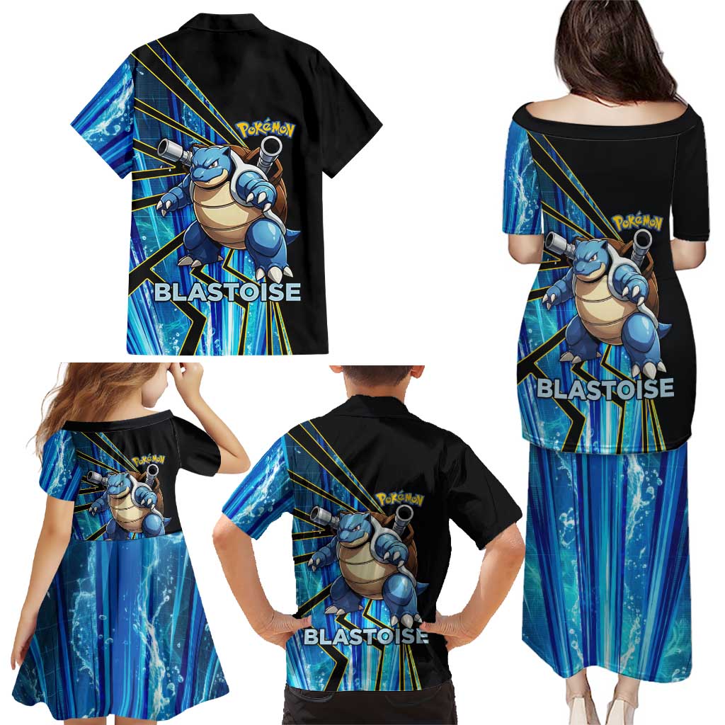 Blastoise Poké Family Matching Puletasi and Hawaiian Shirt Aqua Burst Comic Style