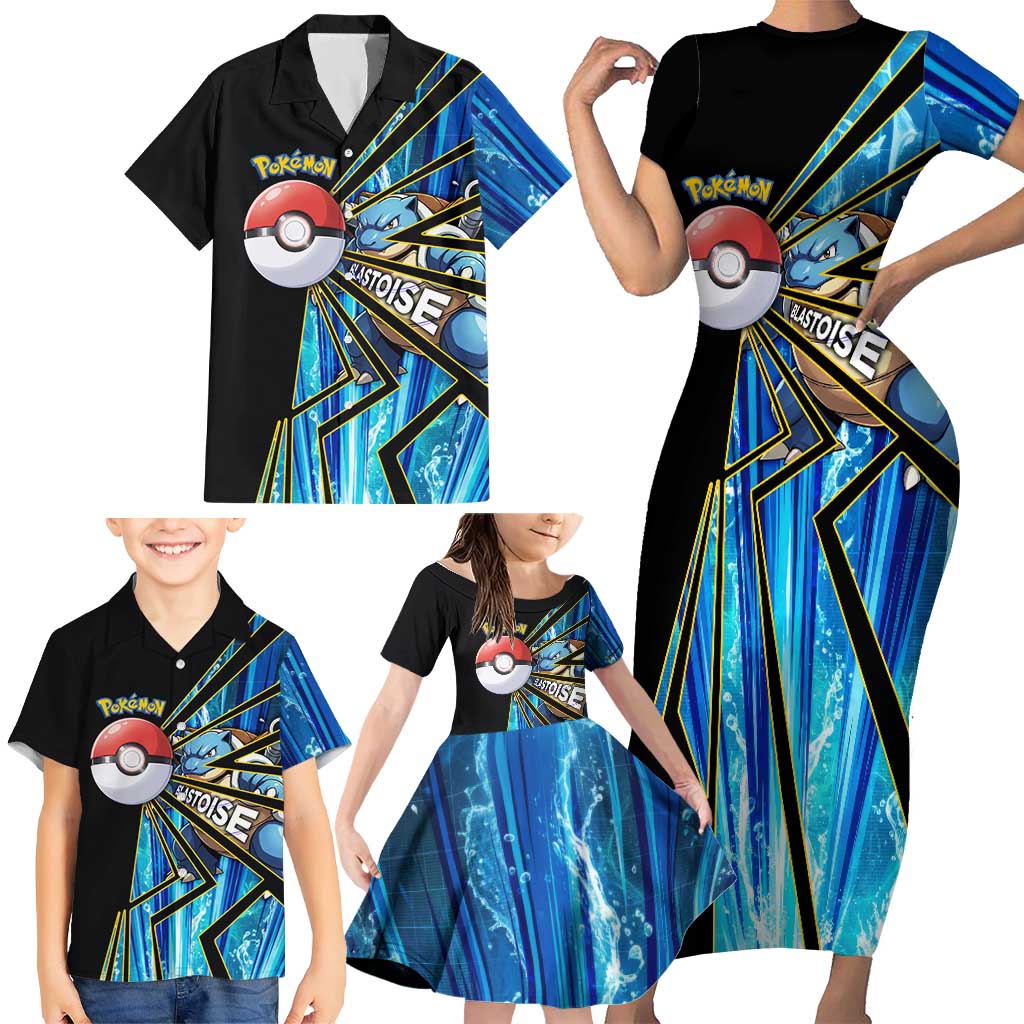 Blastoise Poké Family Matching Short Sleeve Bodycon Dress and Hawaiian Shirt Aqua Burst Comic Style