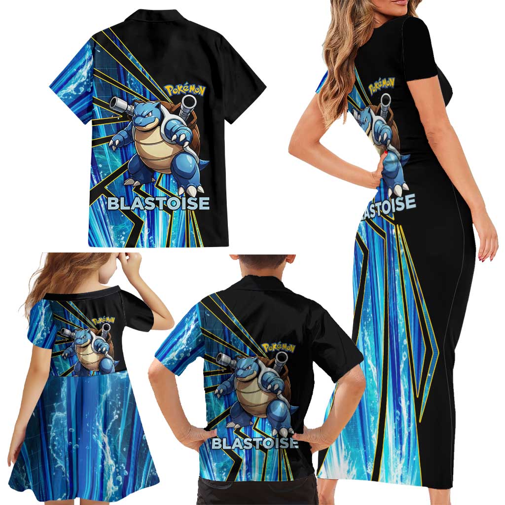 Blastoise Poké Family Matching Short Sleeve Bodycon Dress and Hawaiian Shirt Aqua Burst Comic Style